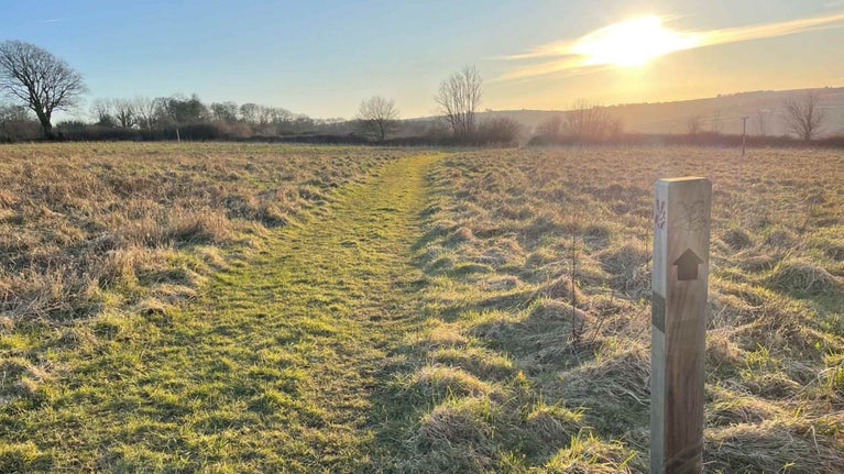 Grass track heading across a field with the sun setting in the distance